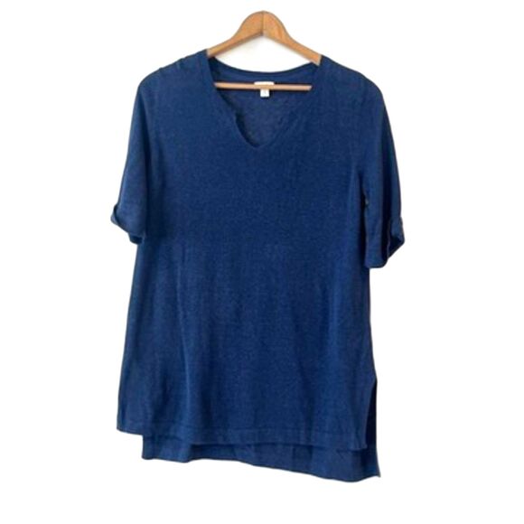 J.Jill Linen Blend Navy Blue Tunic Pullover Knit Cuffed Sleeve Small Petite - Picture 4 of 9
